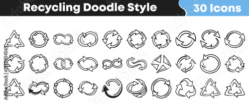 A comprehensive set of thirty hand-drawn recycling and circular arrow icons in a charming doodle style, perfect for environmental projects.