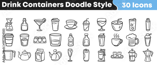 A comprehensive collection of 30 hand-drawn doodle style drink container icons perfect for various design and illustration projects