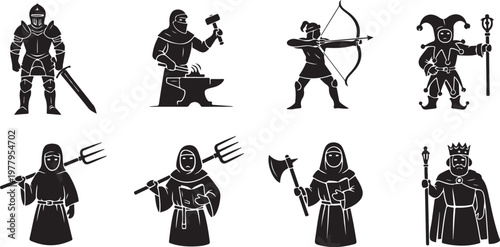 Black and white of medieval knights with swords and shields armor helmets