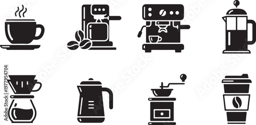 Black and white of coffee cups and coffee makers in flat style coffee mug espresso cup