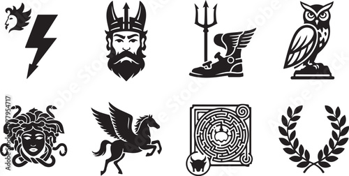 Black and white of mythical creatures and magical symbols griffin phoenix