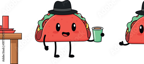 Cute taco character vector illustration featuring cartoon taco wearing hat holding drink and smiling in playful food mascot style