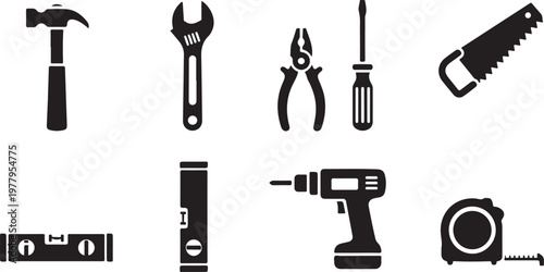 Black and white of tools and utensils including hammer wrench screwdriver pliers scissors knife tape measure and keys