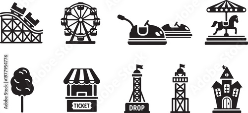 Black and white of transportation and travel symbols including train station clock bus ticket drop and landmarks