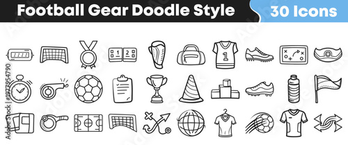 A collection of thirty doodle style football gear icons illustrating various sporting equipment and game elements for professional athletic design