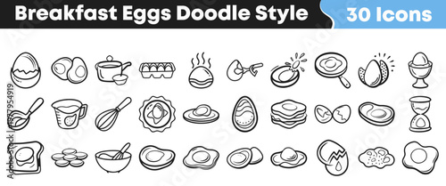 Hand-drawn doodle style icons showcasing diverse breakfast egg preparations, cooking utensils, and related items, ideal for culinary projects and digital media.