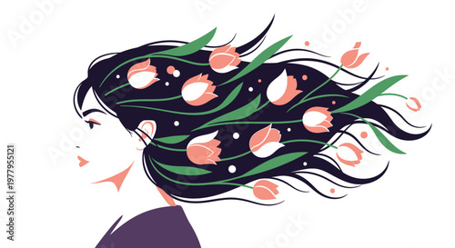 Woman with long hair decorated with flowers and leaves blowing in the wind in a modern vector graphic illustration