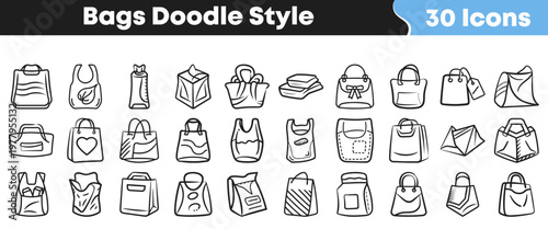 Collection of various hand drawn bag icons displayed in a doodle style for use in creative and retail graphic projects