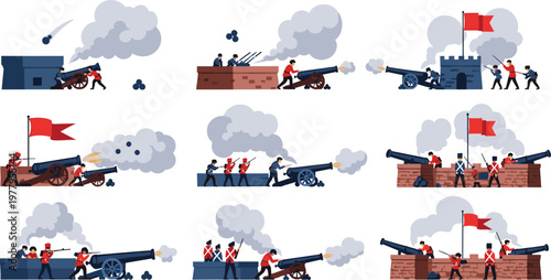 Historical Battle Scene Illustration Set with Soldiers Firing Cannons, Fortress Defense, War Strategy, and Military Action Cartoon Style Collection