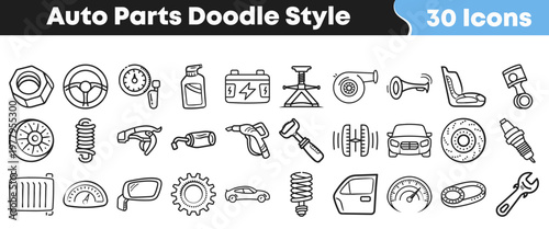 Collection of hand drawn vehicle parts icons displayed in a casual doodle style suitable for automotive graphic design projects today