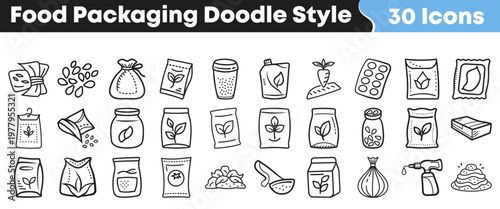 Set of thirty hand drawn doodle style food packaging icons featuring various containers and bags for different grocery items
