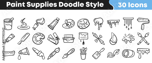 Collection of hand drawn paint supply icons featuring brushes and art tools created in a simple sketch doodle illustration style