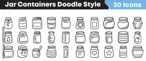 Hand drawn collection of thirty different glass jar containers illustrated in a simple creative doodle style for various graphic projects