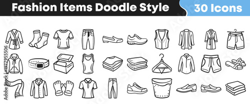 A charming collection of 30 hand-drawn fashion items and clothing accessories presented in a playful doodle style icon set.