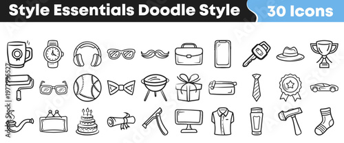 Hand drawn doodle style icons collection featuring various lifestyle objects like clothing accessories electronics and leisure items for creative projects