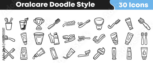 A comprehensive set of thirty hand-drawn oral care doodle icons illustrating various dental hygiene products and tools for personal healthcare needs.