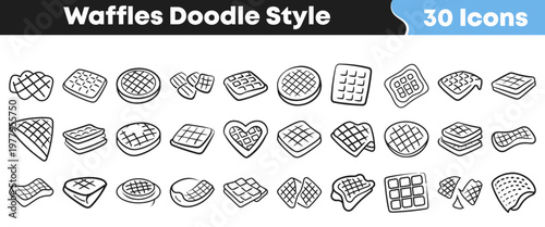 Set of thirty hand drawn waffle icons featuring various shapes and textures for food design and creative culinary project menus