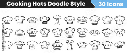 Hand drawn collection of thirty unique cooking chef hat icons designed in a fun and simple sketchy doodle art style