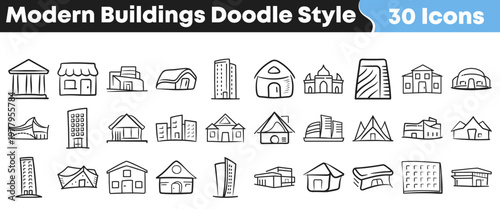 A diverse collection of thirty hand-drawn doodle style modern building icons depicting various architectural structures and urban landmarks for design projects.