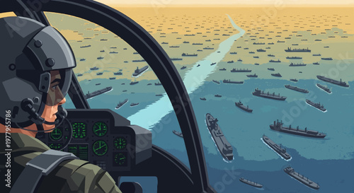 Panoramic Aerial Perspective from a Helicopter Cockpit, Observing an Extensive Fleet of Ships on the Open Ocean, Illustrating Strategic Maritime Logistics and Global Transport Dynamics