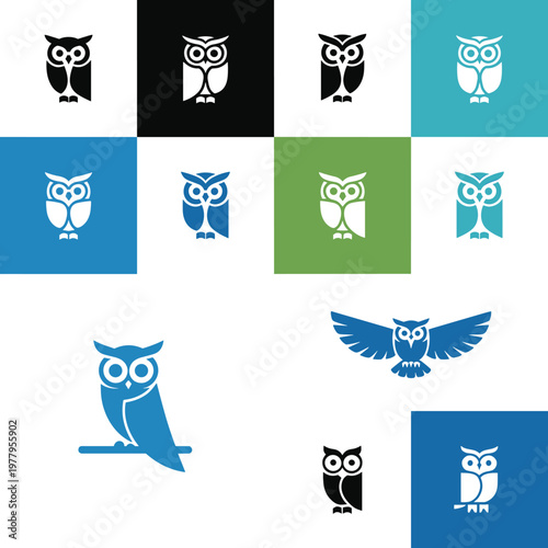 Owl icon set with flat and silhouette bird designs for logos branding wildlife themes and modern graphics