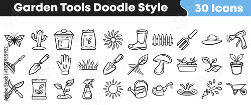 A versatile collection of thirty hand-drawn garden tools, plants, and essential nature elements, rendered in a charming doodle style icon set.