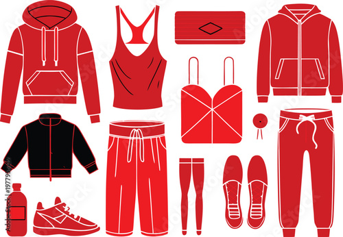 Red and black athletic wear including hoodies, pants, shoes, and a water bottle for a sporty lifestyle.
