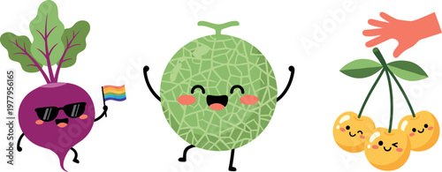 Cute cartoon fruit and vegetable characters set with beetroot melon and cherries kawaii style vector illustration isolated on white