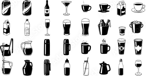 Food and Drink Industry Black and White Glyph Icon Set: Diverse Beverages  Containers - Coffee, Beer, Water, Wine, Cans, Bottles, Mugs, Glasses.