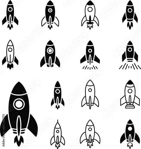 Rocket icon set collection with space launch symbols in flat and outline styles for startup technology design
