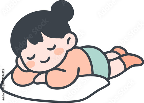 Cute girl sleeping on a pillow, happy child character dreaming or taking a nap
