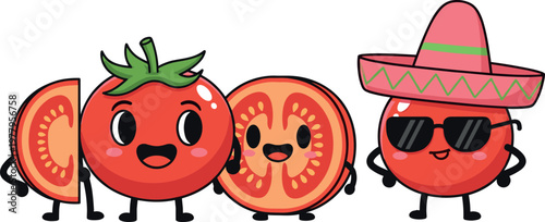 Cute tomato cartoon characters set with whole tomato slice and Mexican sombrero mascot kawaii vector illustration isolated on white background
