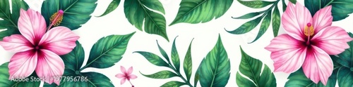 Tropical leaf pattern, orchid & hibiscus watercolor painting , photography, illustration