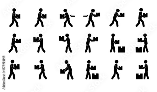 Minimal stick figure box action icon set carrying receiving package vector isolated on white background
