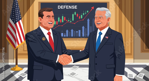 Two influential leaders engage in a firm handshake, symbolizing a strategic partnership and mutual agreement, set against a backdrop of rising defense sector indicators and financial growth