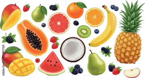 Colorful tropical fruit collection with pineapple banana mango papaya watermelon coconut kiwi pear and citrus vector illustration isolated on white background