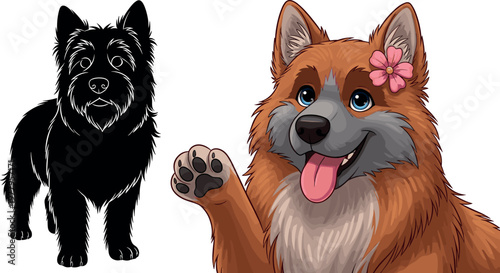 Cute dog vector set with fluffy puppy portrait and black silhouette, cartoon pet illustration with waving paw isolated background