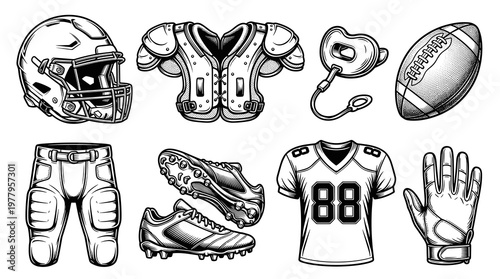 Set of American football equipment icons. Vintage style vector illustration, isolated on white background.