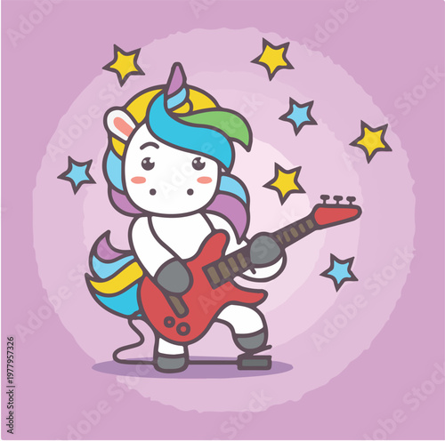 PrintKawaii Rock Unicorn Guitarist with Stars Vector