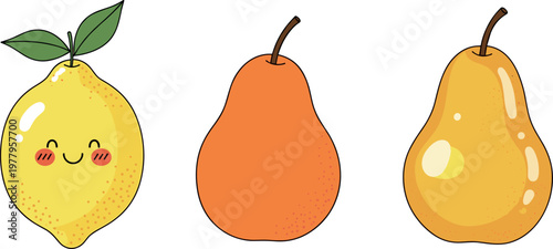 Cute pear fruit vector set with cartoon face and simple styles, colorful hand drawn illustration isolated on light background