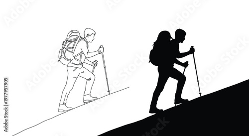 Hikers climbing up a steep hill with trekking poles and backpacks on