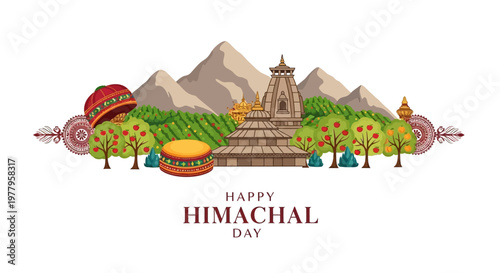 This colorful vector illustration honors Himachal Day with a traditional temple, mountain range backdrop, and cultural elements, celebrating the rich heritage of Himachal Pradesh