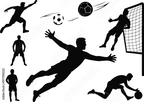 Soccer players silhouettes, football action, goalkeeper saves, and goal net.
