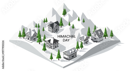 On Himachal Day, a vector illustration depicts houses nestled in the snowy mountains of Himachal Pradesh, celebrating the statehood day and cultural heritage of this region in India, making
