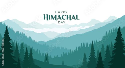 Celebrating Himachal Day, the vector illustration showcases a serene landscape of overlapping mountain ranges and evergreen trees, evoking the cultural heritage and natural beauty