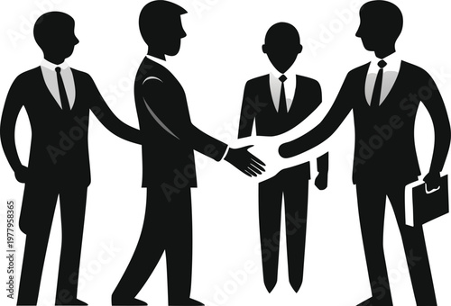 Silhouette businessmen shaking hands representing successful deal and partnership, teamwork concept.