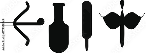 Collection of black silhouettes of medical objects and icons including thermometer, bottle, bow and arrow, and lips.