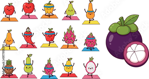 Cute fruit characters yoga set with tropical elements and mangosteen illustration, colorful cartoon vector for kids wellness design