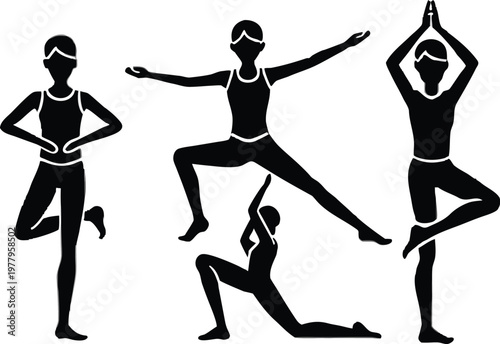 Silhouettes of women performing various yoga poses on transparent background.