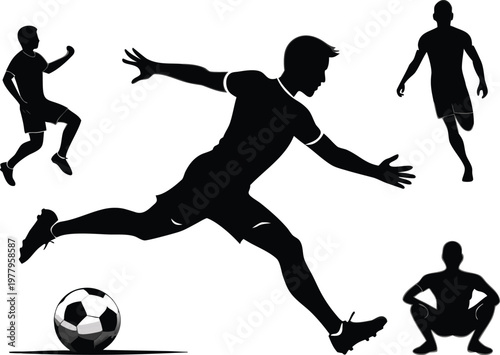 Soccer player kicking ball, athlete silhouette, sport action, football game.